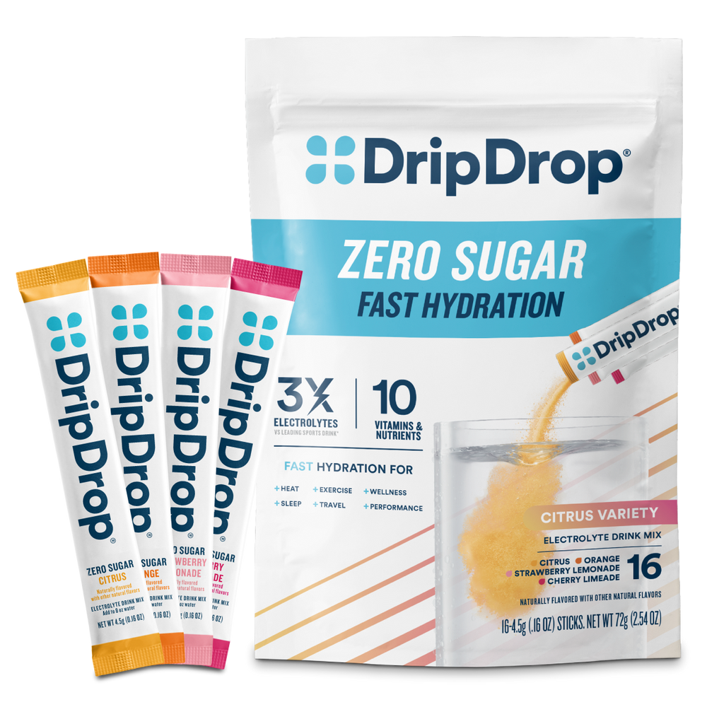 DripDrop zero sugar fast hydration packets with pouch