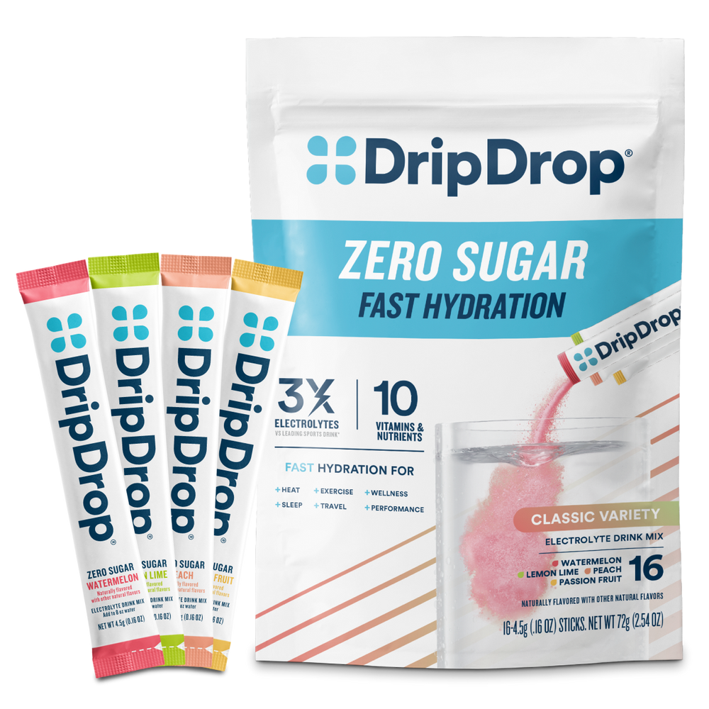 DripDrop zero sugar fast hydration packets with pouch