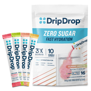DripDrop zero sugar fast hydration packets with pouch