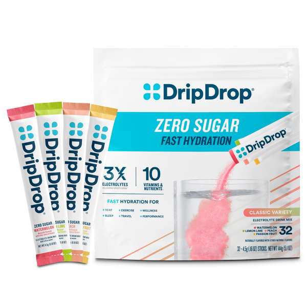 DripDrop zero sugar fast hydration packets and variety pack packaging