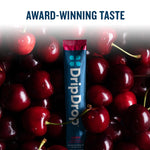 DripDrop stick on a cherry background with the words award-winning taste written up top