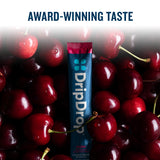 DripDrop stick on a cherry background with the words award-winning taste written up top