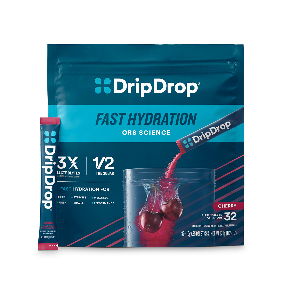 DripDrop Cherry Electrolyte Powder, 8 oz sticks, 32 count