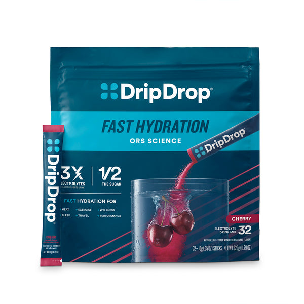 DripDrop fast hydration package with cherry flavor on a white background