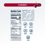 Nutrition facts label for cherry-flavored product with cherry illustration at top