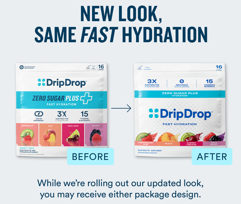 A promotional graphic for DripDrop fast hydration showing a before-and-after package design comparison. The top text reads 'NEW LOOK, SAME FAST HYDRATION.