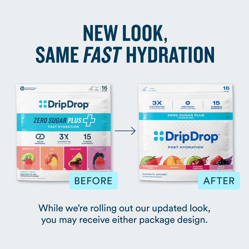 A promotional graphic for DripDrop fast hydration showing a before-and-after package design comparison. The top text reads 'NEW LOOK, SAME FAST HYDRATION.
