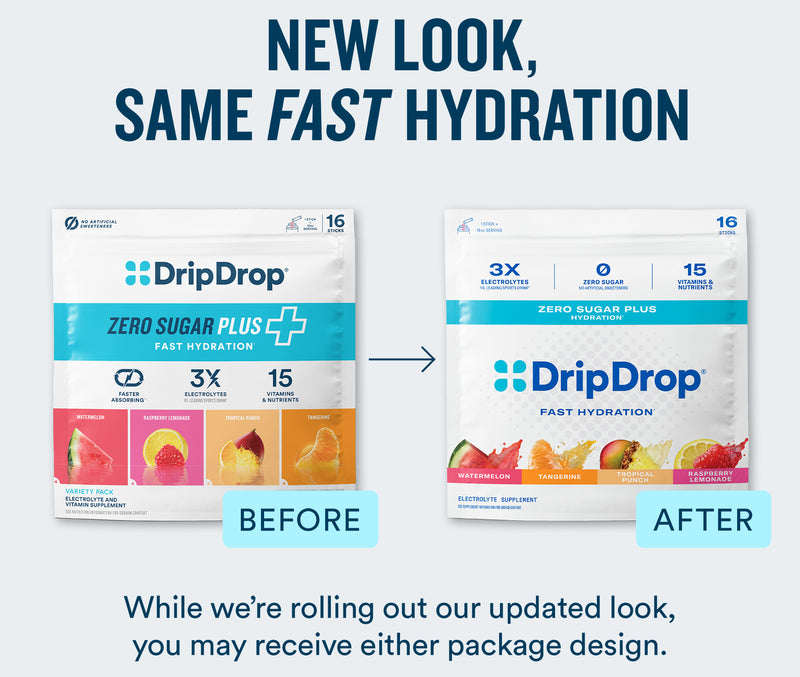 Promotional graphic for DripDrop Zero Sugar Plus+ fast hydration showing a before-and-after package design comparison on a light gray background with dark blue headline text.