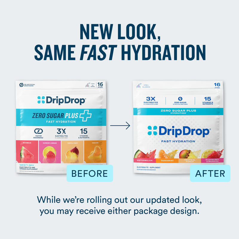 Promotional graphic for DripDrop Zero Sugar Plus+ fast hydration showing a before-and-after package design comparison on a light gray background with dark blue headline text.