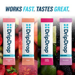 Four Drip Drop zero sugar plus+ packets with fruit background and text 'Works Fast. Tastes Great'.