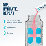 DripDrop product being poured into a clear container with text on a light gray background
