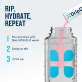 DripDrop product being poured into a clear container with text on a light gray background