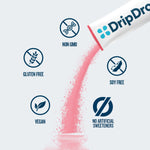 DripDrop product packaging with health benefits icons on a light gray background