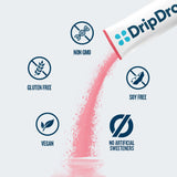 DripDrop product packaging with health benefits icons on a light gray background