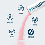 DripDrop product packaging with health benefits icons on a light gray background