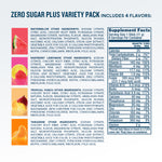 Supplement facts label for a zero sugar plus variety pack 8 count with four flavors.