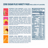 Supplement facts label for a zero sugar plus variety pack 8 count with four flavors.