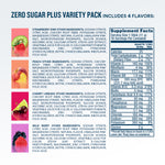 Supplement facts label for a zero sugar plus variety pack with colorful icons of fruits.