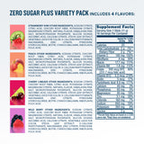 Supplement facts label for a zero sugar plus variety pack with colorful icons of fruits.