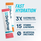 DripDrop hydration stick pack with text highlighting fast hydration benefits on a light gray background