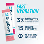 DripDrop sports drink packets with product features on a light gray background