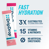 DripDrop sports drink packets with product features on a light gray background