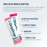 DripDrop Zero Sugar Plus packets with product features listed on a white background