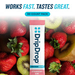A DripDrop Strawberry Kiwi zero sugar plus+ stick pack centered over a background of fresh strawberries and sliced kiwi fruit. Large text at the top reads 'WORKS FAST.