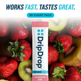 A DripDrop Strawberry Kiwi zero sugar plus+ stick pack centered over a background of fresh strawberries and sliced kiwi fruit. Large text at the top reads 'WORKS FAST.
