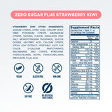 A product information card for 'Zero Sugar Plus Strawberry Kiwi' showing the full ingredient list, a Supplement Facts label, and five feature icons for vegan, gluten free, non GMO, soy free, and no artificial sweeteners on a light background.