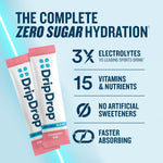Two DripDrop Zero Sugar Plus+ strawberry kiwi stick packets shown on a light blue background with marketing text highlighting electrolytes, vitamins, no artificial sweeteners, and faster absorption.