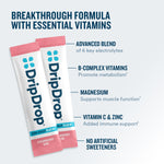Two DripDrop Zero Sugar Plus+ stick packs in strawberry kiwi flavor, shown with marketing text callouts on a light blue background.