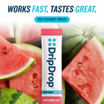 A single DripDrop Zero Sugar Plus+ watermelon flavor stick pack is centered over a watermelon-themed background with sliced watermelon wedges and a whole watermelon. Large text at the top reads 'WORKS FAST.