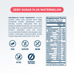 A product information panel with the heading 'ZERO SUGAR PLUS WATERMELON' above a block of watermelon other ingredients and a Supplement Facts label. Below the text are six blue icons indicating vegan, gluten free, non GMO, soy free, and no artificial sweeteners.
