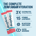 Two DripDrop zero sugar plus watermelon electrolyte stick packets shown on a light blue background with marketing text highlighting electrolytes, vitamins, no artificial sweeteners, and faster absorption.