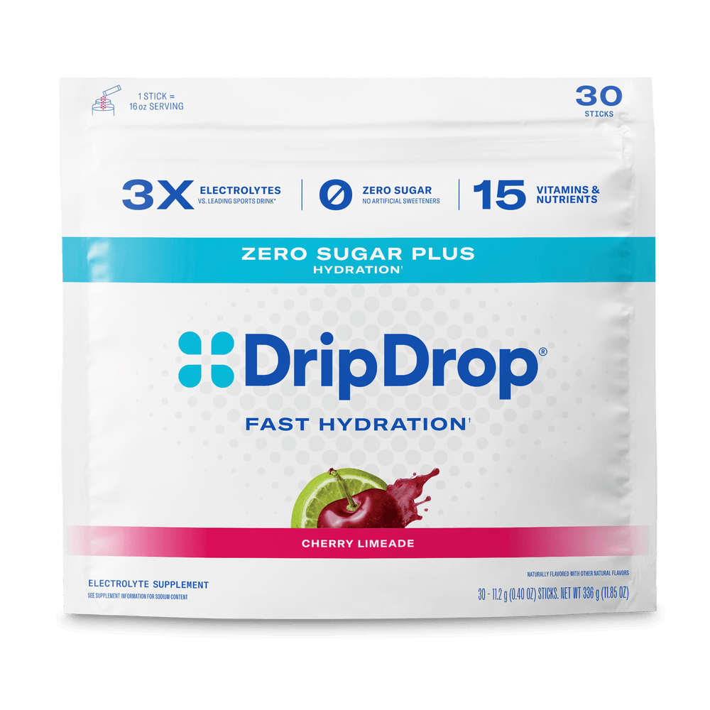 A package of DripDrop Fast Hydration Cherry Limeade electrolyte supplement, featuring a white pouch with blue and pink accents and a graphic of a lime slice and cherry.