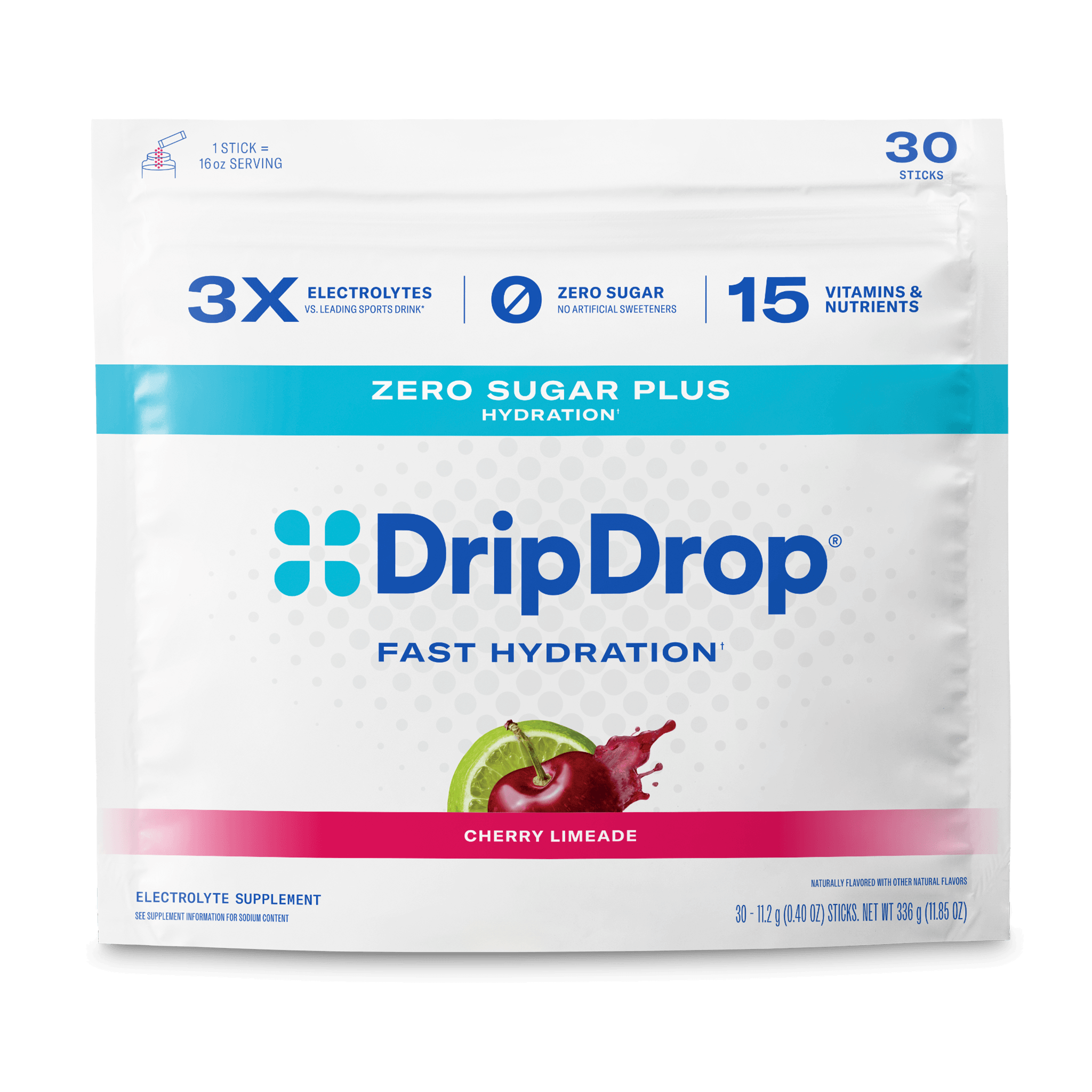 DripDrop Zero Sugar Plus Electrolyte Powder, Cherry Limeade, 16 oz sticks, 30 Pack