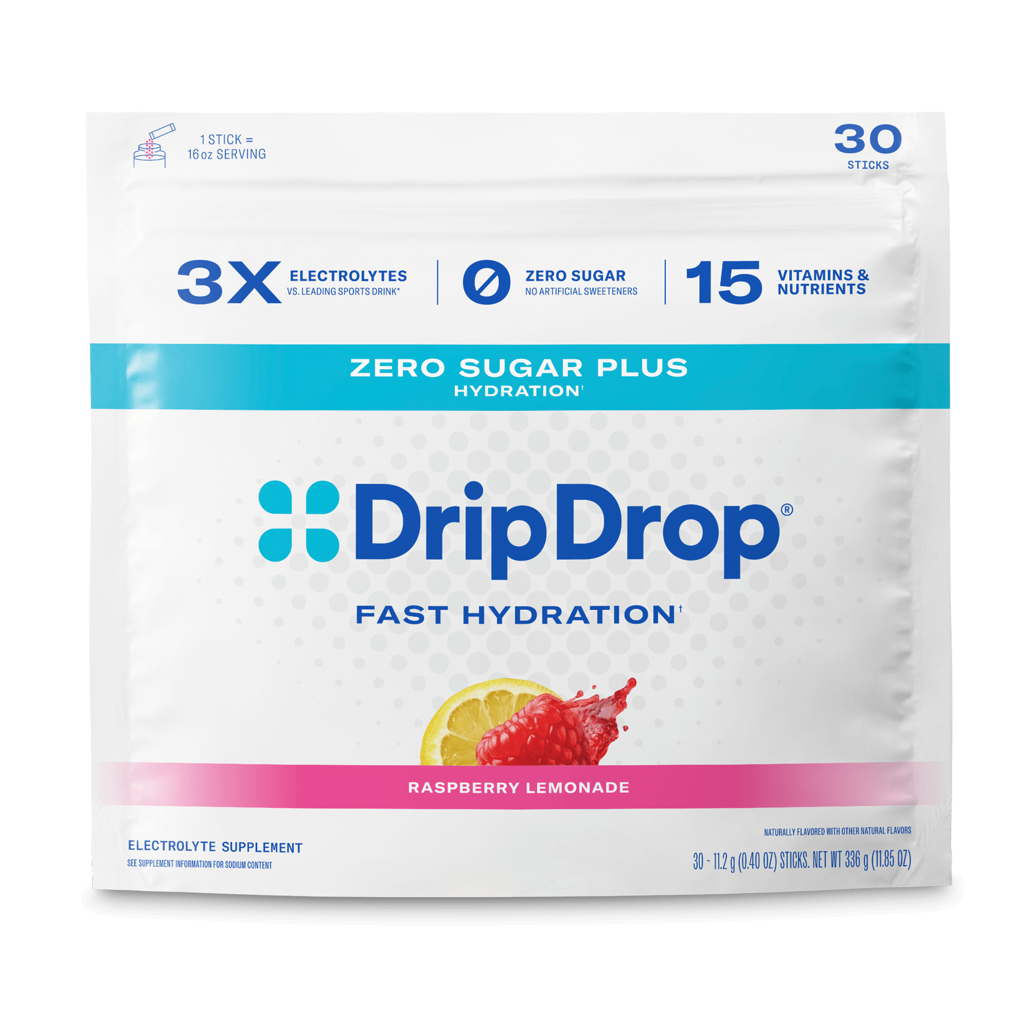 DripDrop Zero Sugar Plus Electrolyte Powder, Raspberry Lemonade, 16 oz sticks, 30 Pack