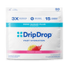 A package of DripDrop Fast Hydration electrolyte supplement in Raspberry Lemonade flavor. The white stand-up pouch features blue and pink branding, a lemon slice graphic, and text highlighting zero sugar and 15 vitamins and nutrients per stick.
