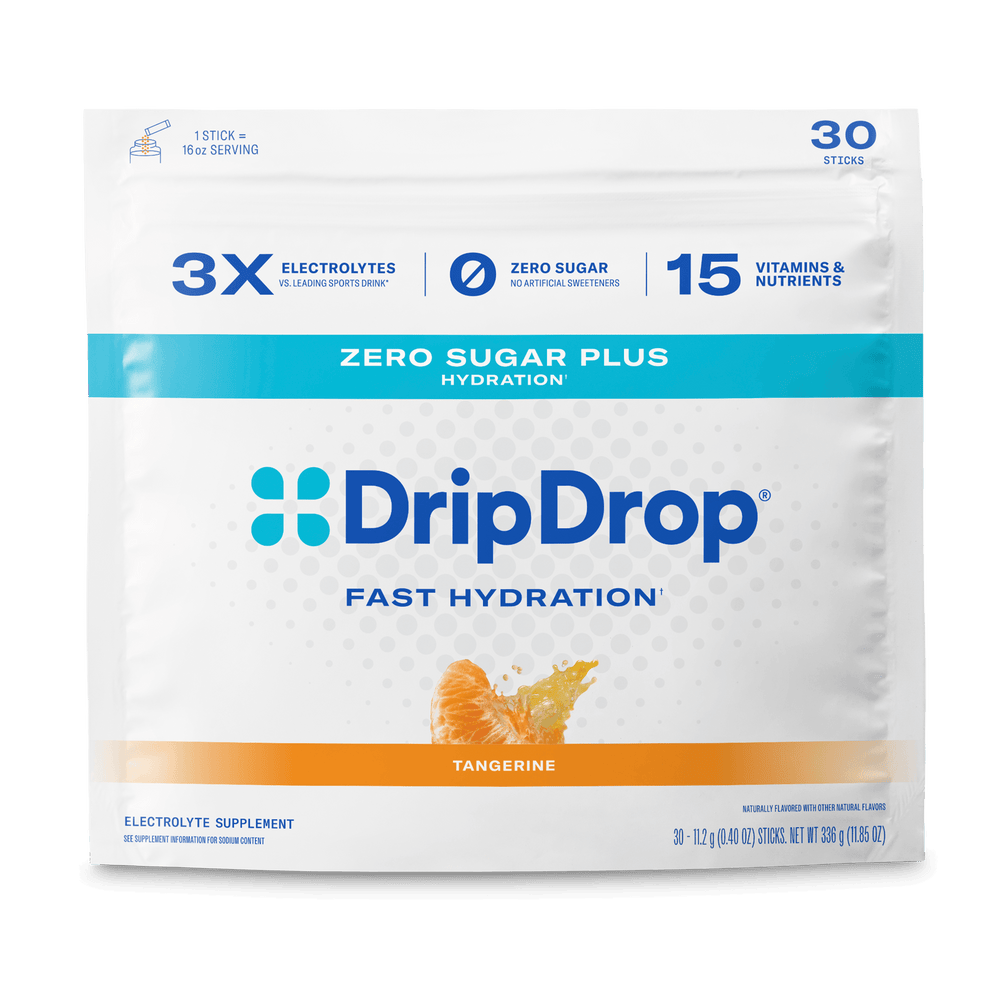 A 30-pack bag of DripDrop Fast Hydration Zero Sugar Plus electrolyte supplement in Tangerine flavor, shown on a clean white background.
