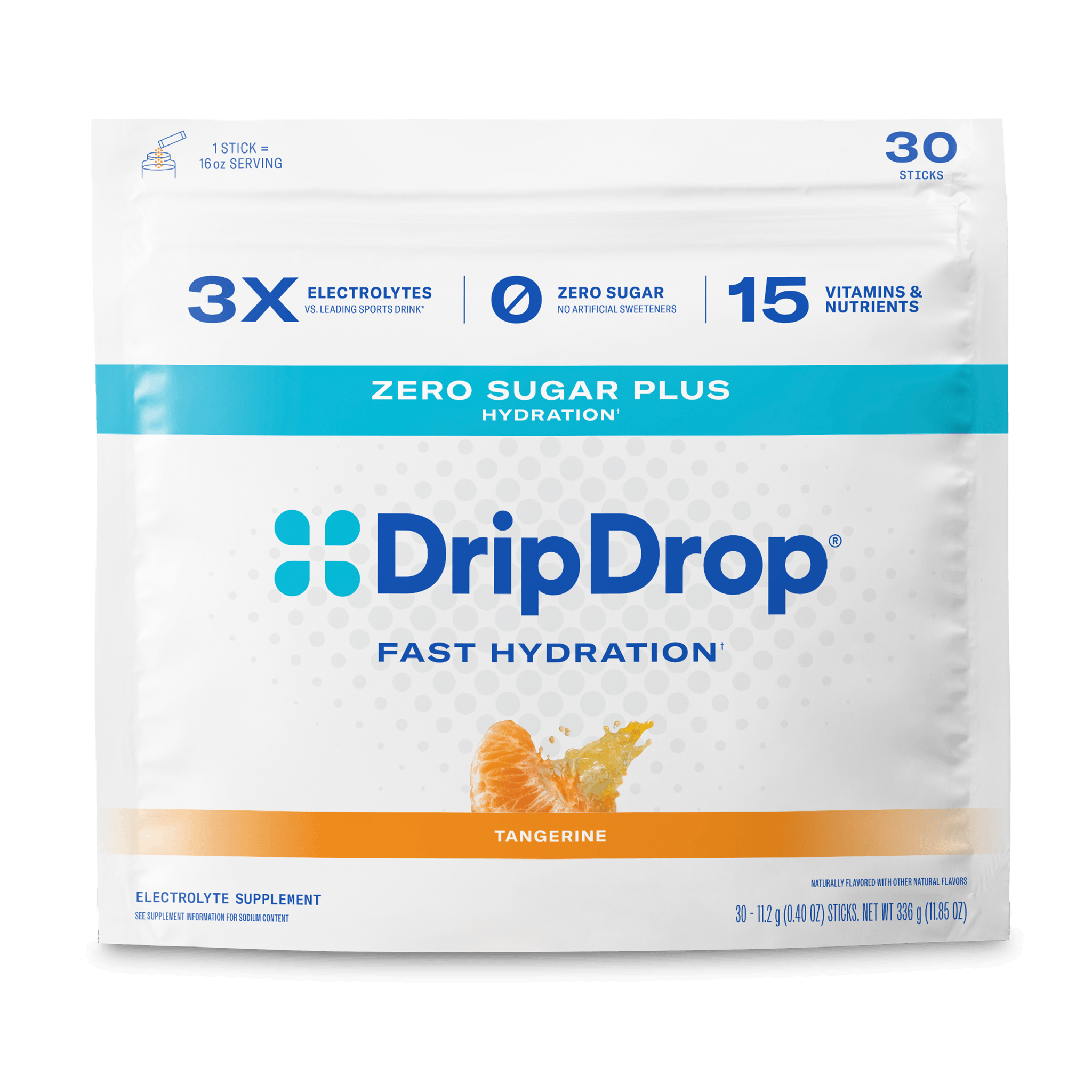 DripDrop Zero Sugar Plus Electrolyte Powder, Tangerine, 16 oz sticks, 30 Pack