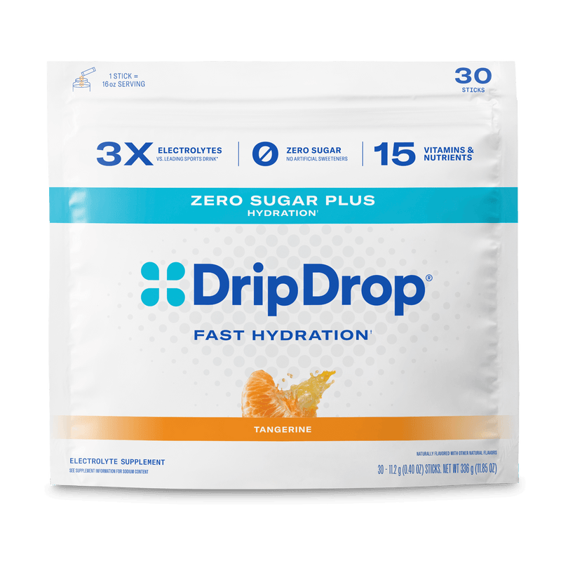 A 30-pack bag of DripDrop Fast Hydration Zero Sugar Plus electrolyte supplement in Tangerine flavor, shown on a clean white background.
