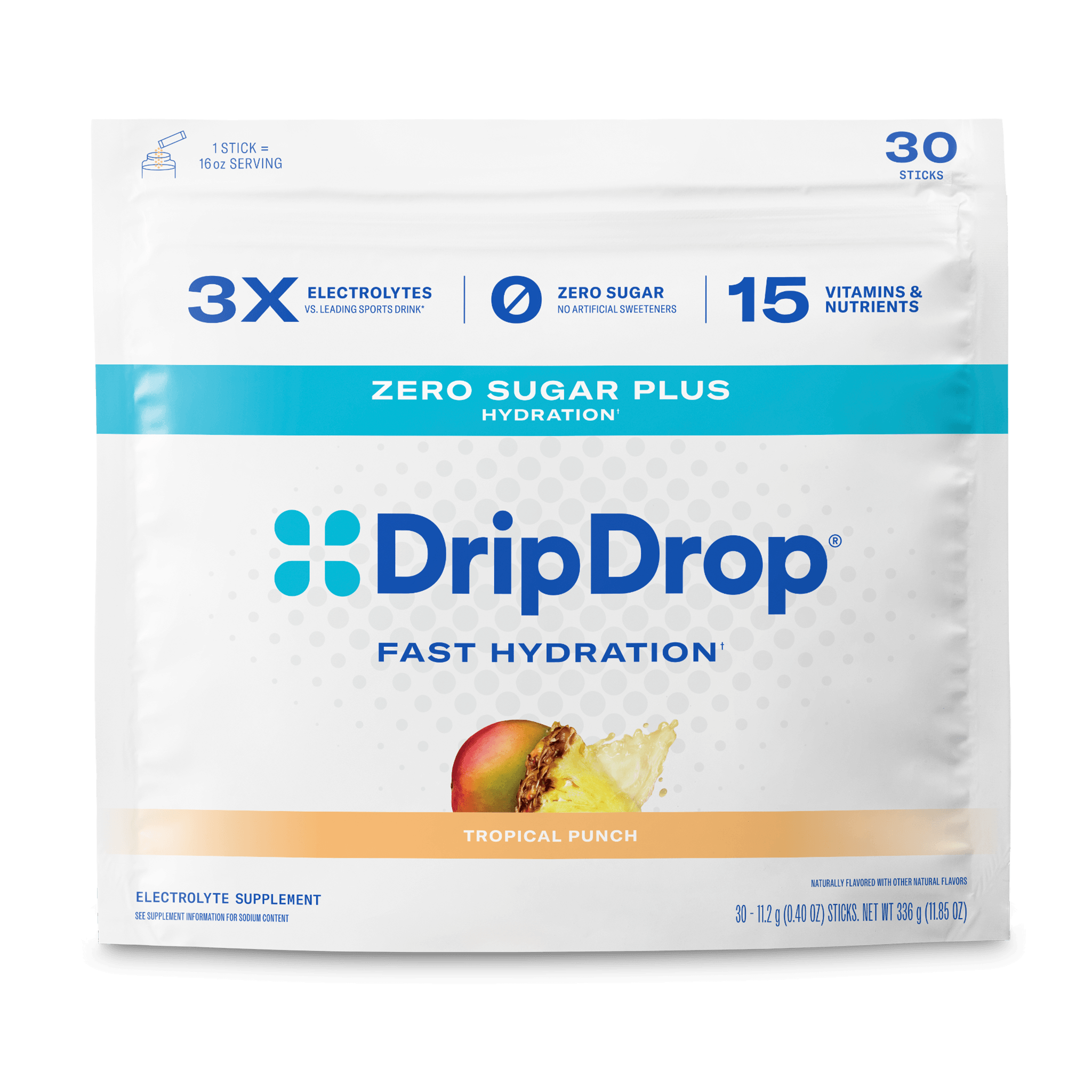 DripDrop Zero Sugar Plus Electrolyte Powder, Tropical Punch, 16 oz sticks, 30 Pack
