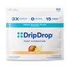 A package of DripDrop Zero Sugar Plus Fast Hydration electrolyte supplement in Tropical Punch flavor. The white pouch features blue and cyan branding, highlighting 3x electrolytes, zero sugar, and 15 vitamins and nutrients per stick.