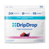 A package of DripDrop Wild Berry electrolyte supplement sticks, featuring a white pouch with blue and pink accents, on a clean white background.