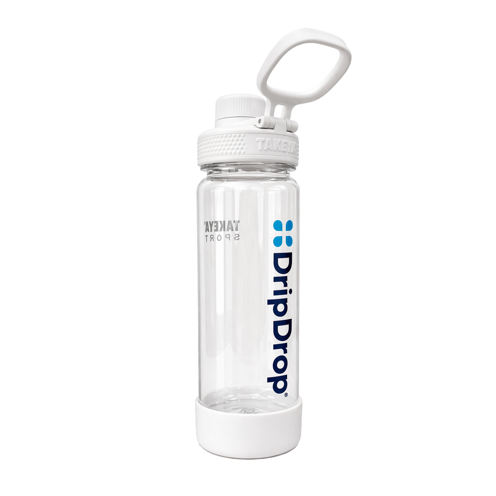 Clear water bottle with white cap and DripDrop logo on a white background