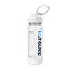 Clear water bottle with white cap and DripDrop logo on a white background
