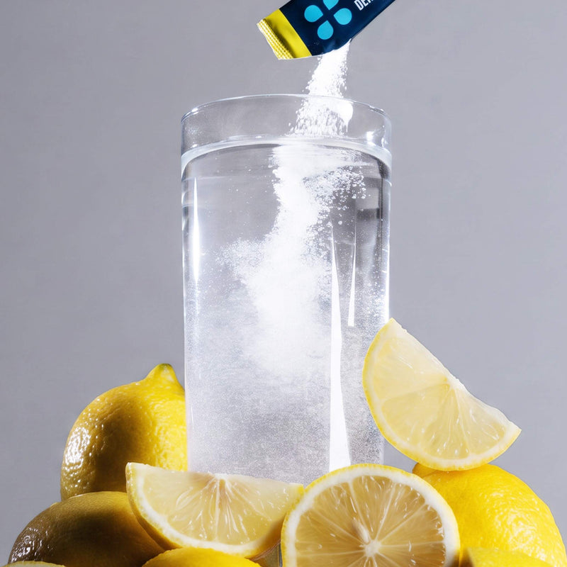A clear glass filled with water, with a white powder being poured into it from a blue and yellow packet. The glass is surrounded by fresh yellow lemons on a neutral gray background.