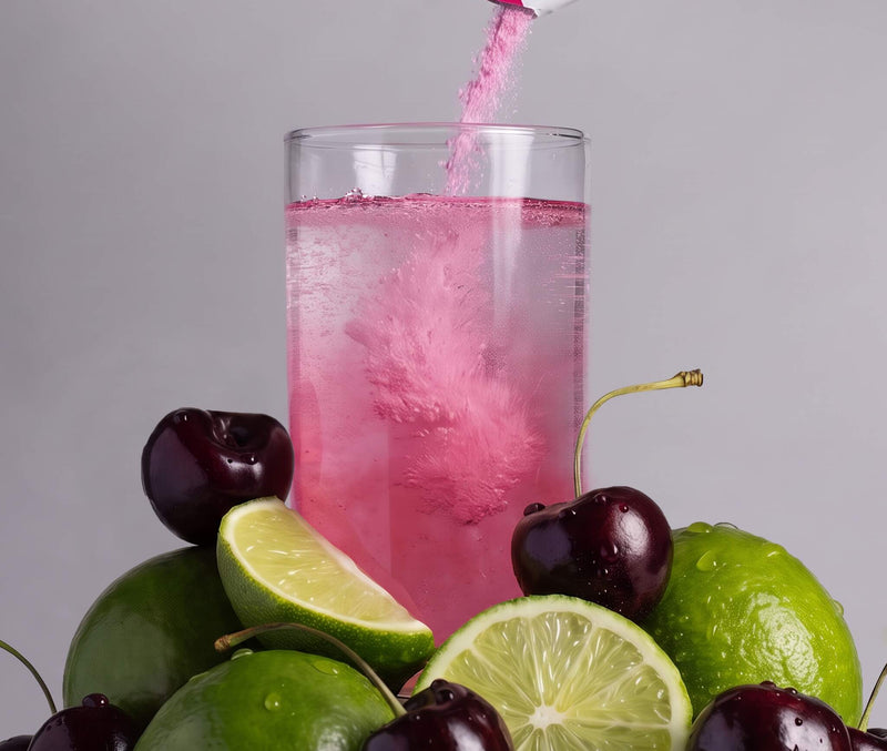 A clear glass filled with a pink drink, with a pink powder product being poured into it from a small sleeve. The glass is surrounded by green limes and dark cherries on a light gray studio background.