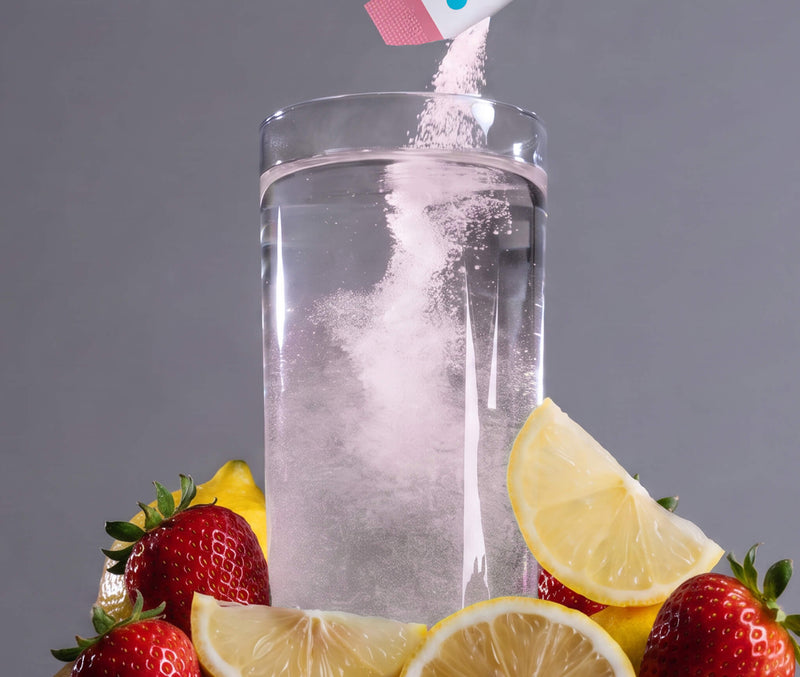 A clear glass tumbler filled with clear liquid, with a white powder being poured into it from a white tube with blue dots. The glass is surrounded by fresh strawberries and lemon slices on a gray background.